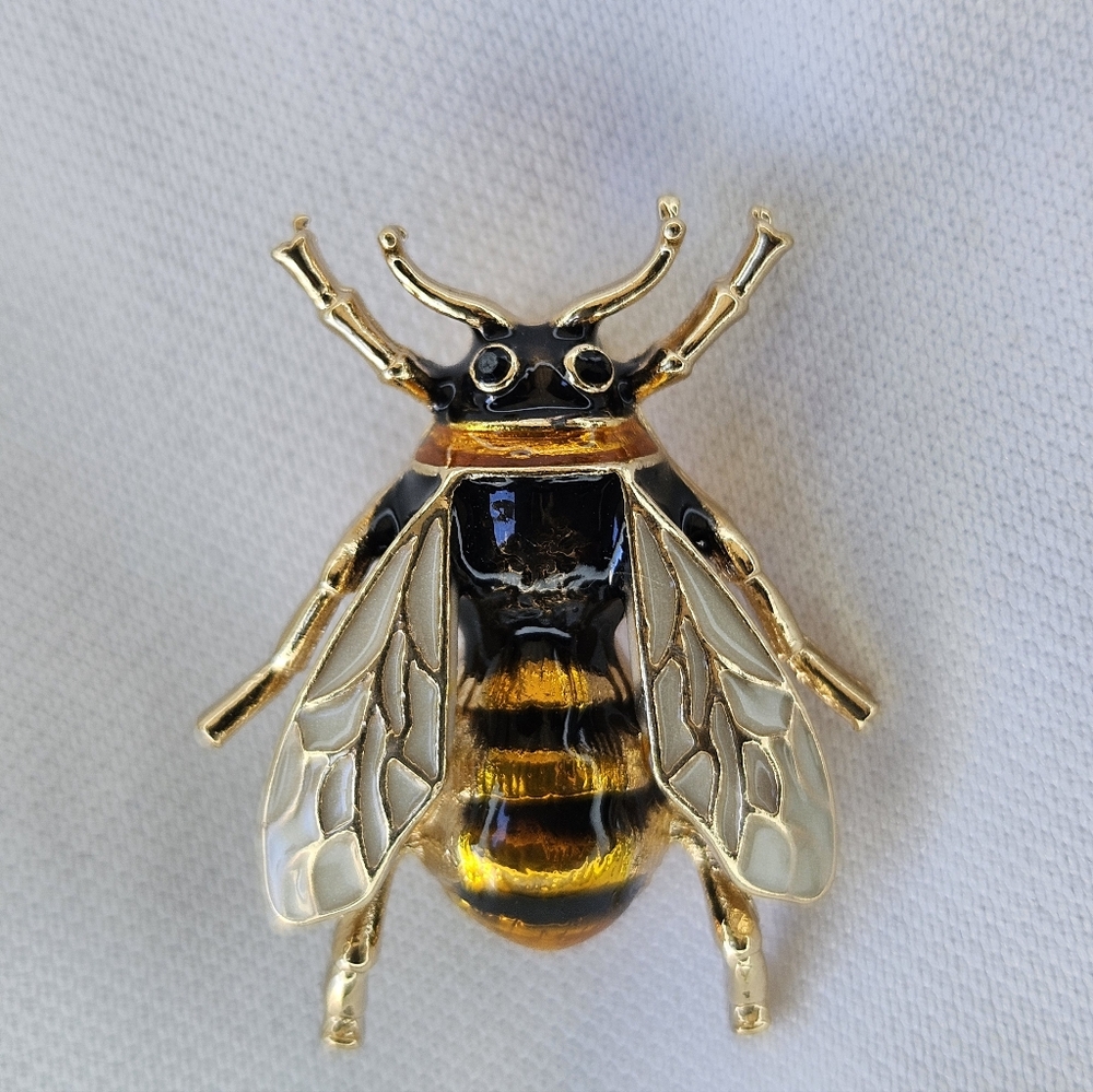 Gold Bee Enamel Brooch with Black and Amber Stripes
